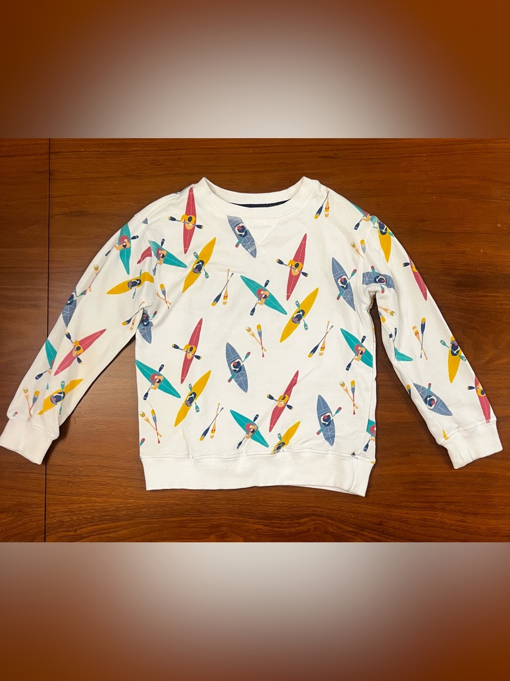 Peek White Pullover Sweatshirt with Colorful Kayak Print